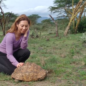 amyra mah with tortoise in kenya